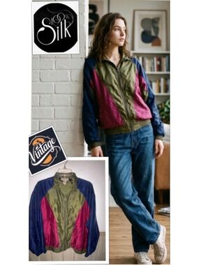 Vintage 100% Silk Women's Med 90's Windbreaker Retro Colorblock Jacket